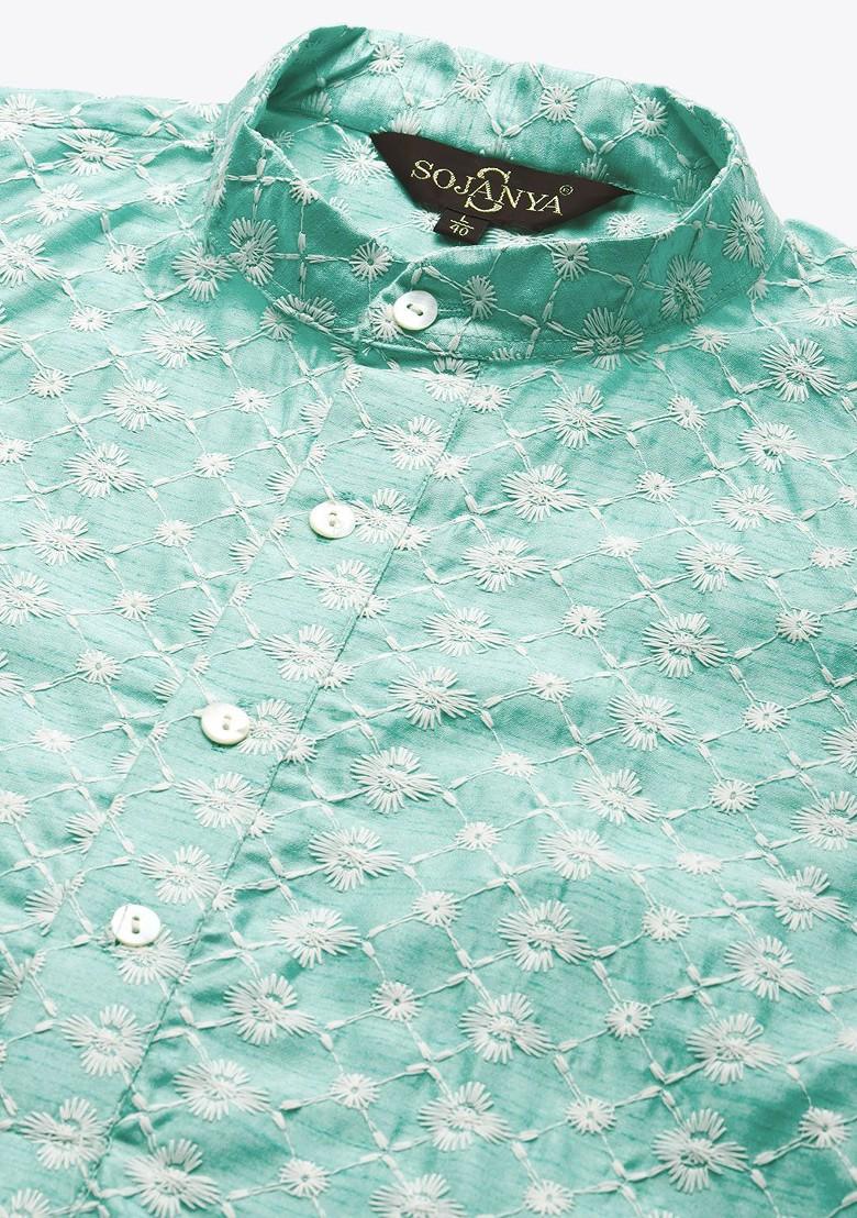 Blue Thread Work Poly Blend Kurta For Men