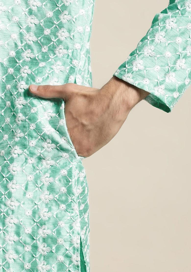 Blue Thread Work Poly Blend Kurta For Men