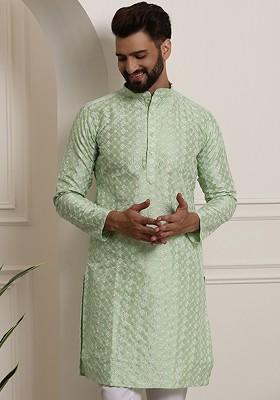 Sea Green Embroidered Poly Blend Kurta For Men