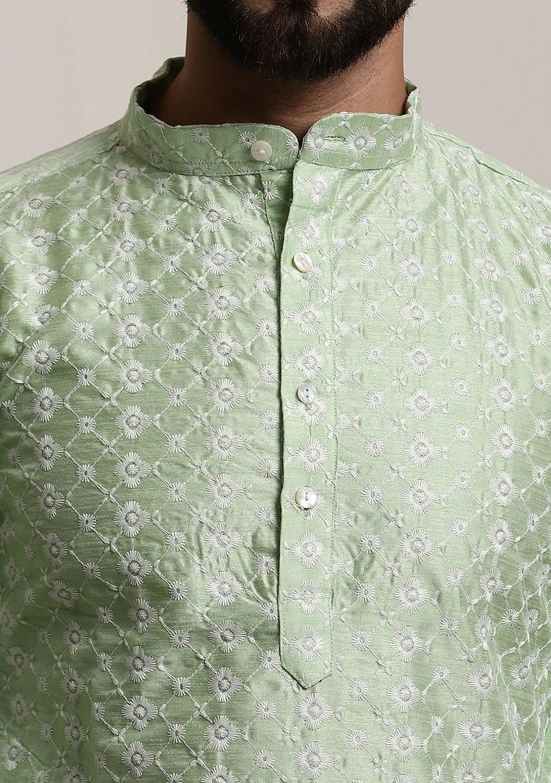 Sea Green Embroidered Poly Blend Kurta For Men