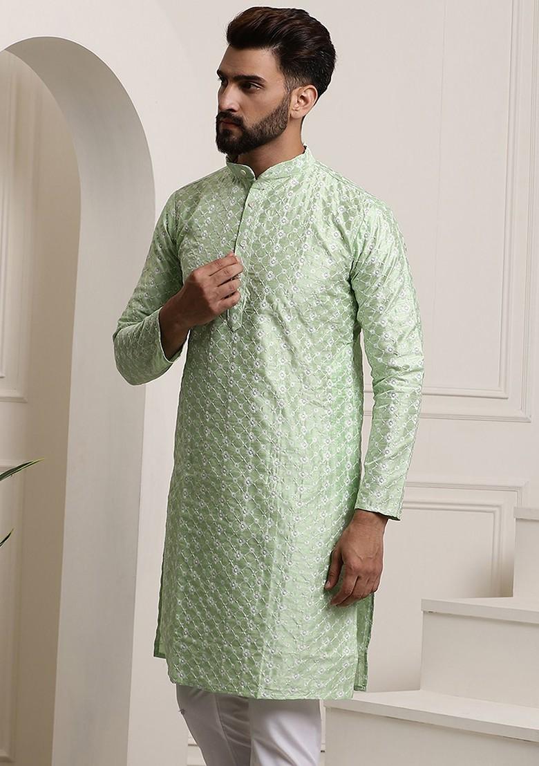 Sea Green Embroidered Poly Blend Kurta For Men