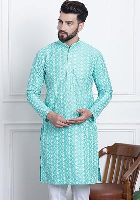 Sea Green Embroidered Poly Blend Kurta For Men
