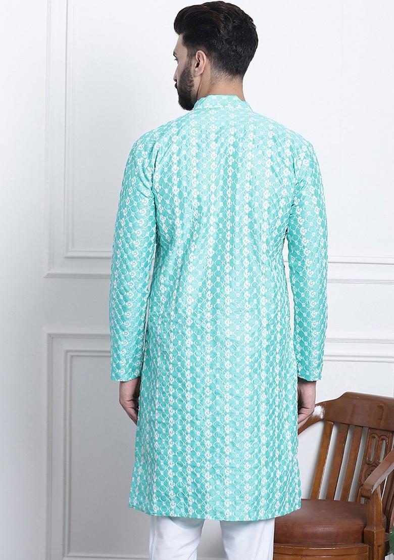 Sea Green Embroidered Poly Blend Kurta For Men
