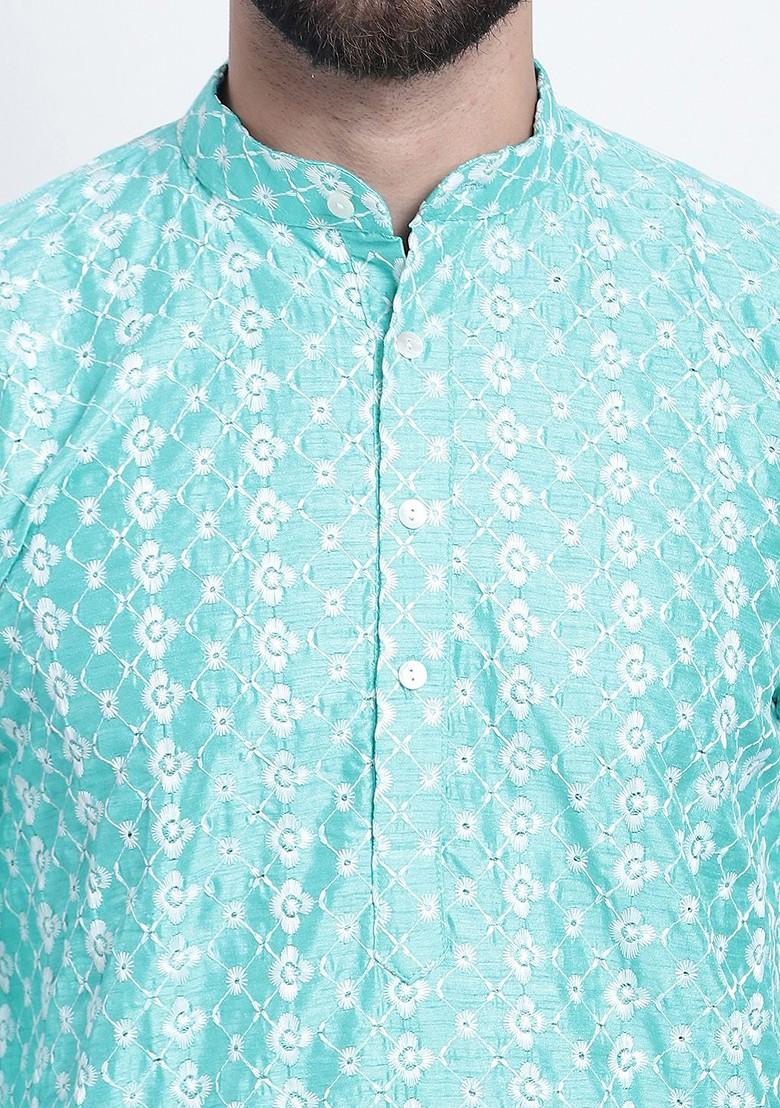 Sea Green Embroidered Poly Blend Kurta For Men