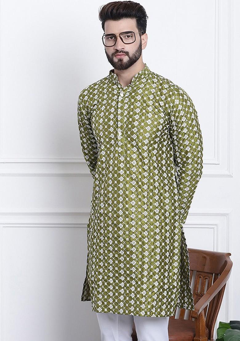 Green Embroidered Poly Blend Kurta For Men