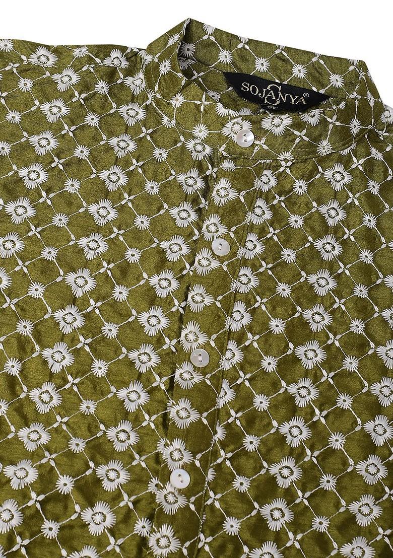 Green Embroidered Poly Blend Kurta For Men