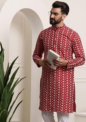 Maroon Embroidered Poly Blend Kurta For Men