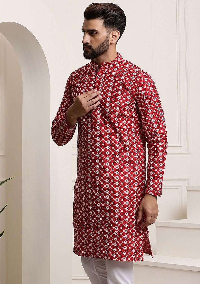 Maroon Embroidered Poly Blend Kurta For Men
