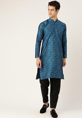 Blue Woven Poly Blend Kurta For Men