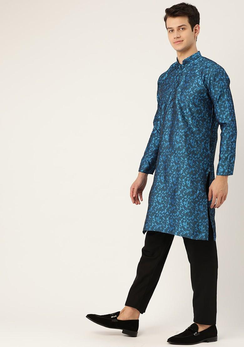 Blue Woven Poly Blend Kurta For Men