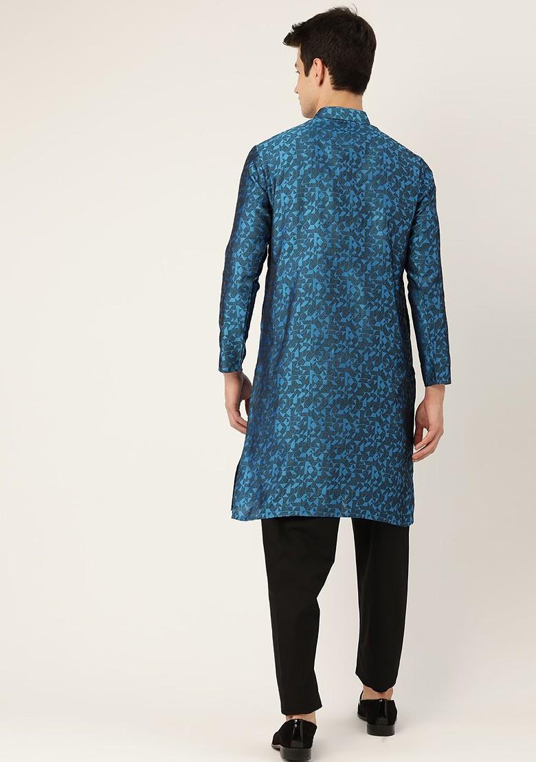 Blue Woven Poly Blend Kurta For Men
