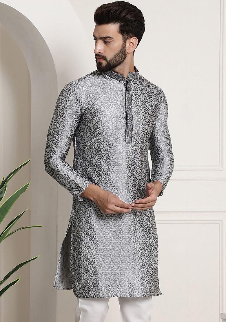 Charcoal Grey Woven Poly Blend Kurta For Men