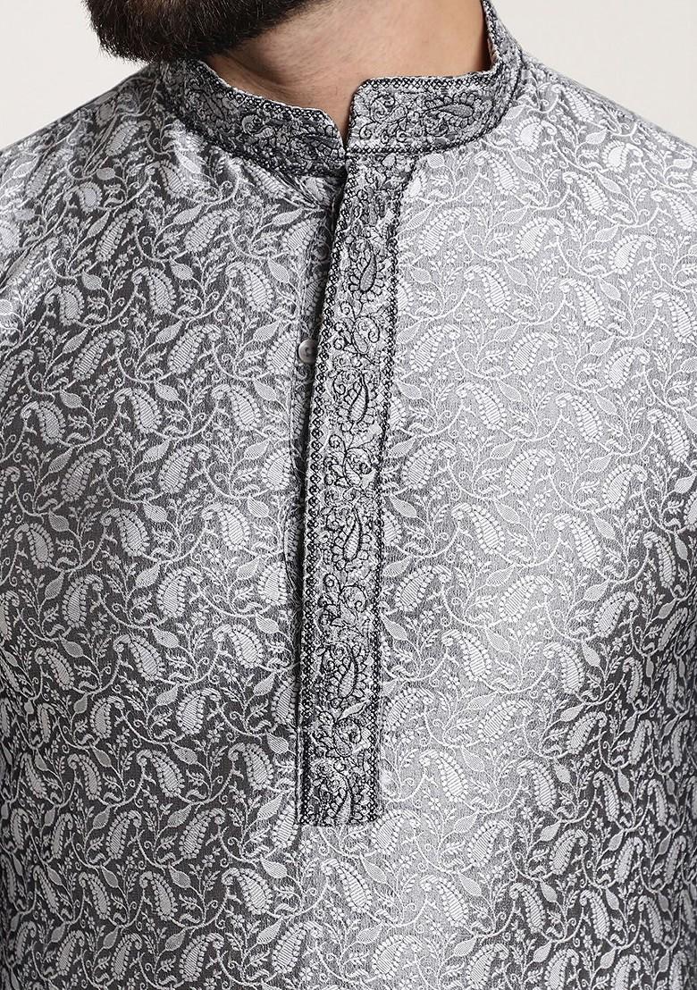 Charcoal Grey Woven Poly Blend Kurta For Men