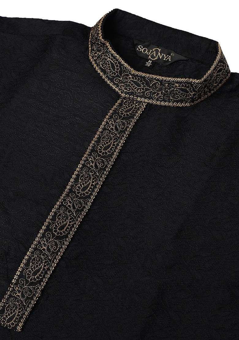 Black Solid Poly Blend Kurta For Men - Indya