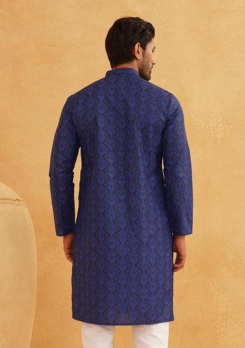 Navy Blue Ethnic Motifs Cotton Kurta For Men
