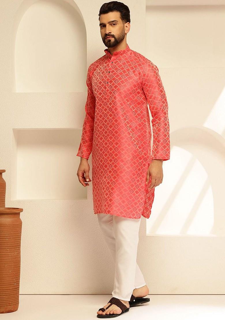 Red Woven Poly Blend Kurta For Men
