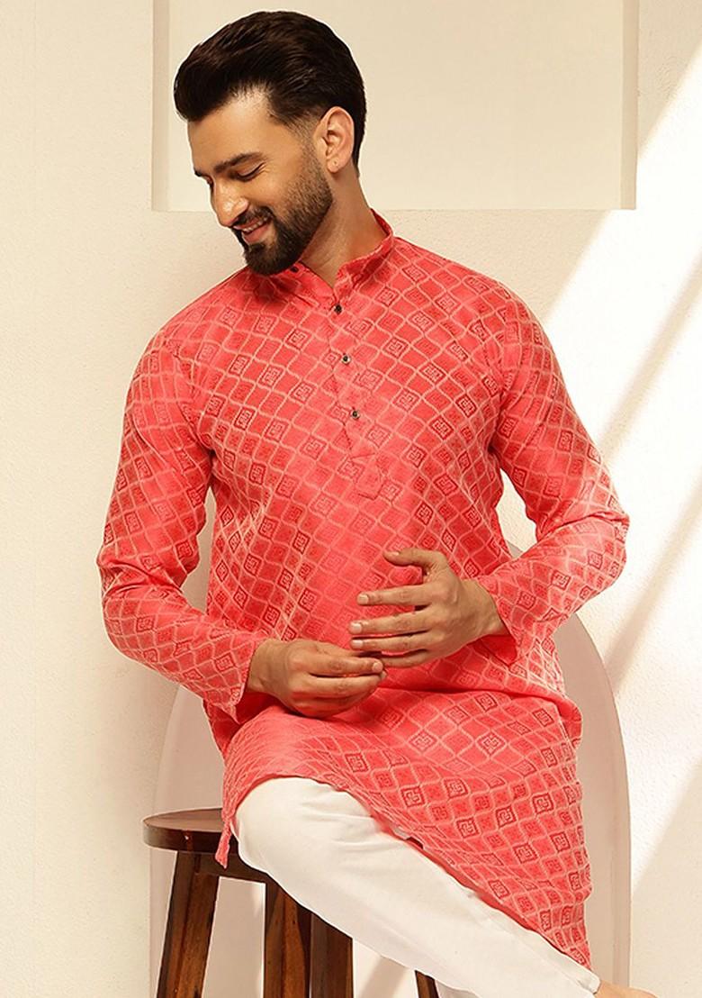 Red Woven Poly Blend Kurta For Men