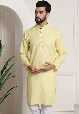 Yellow Checked Poly Blend Kurta For Men