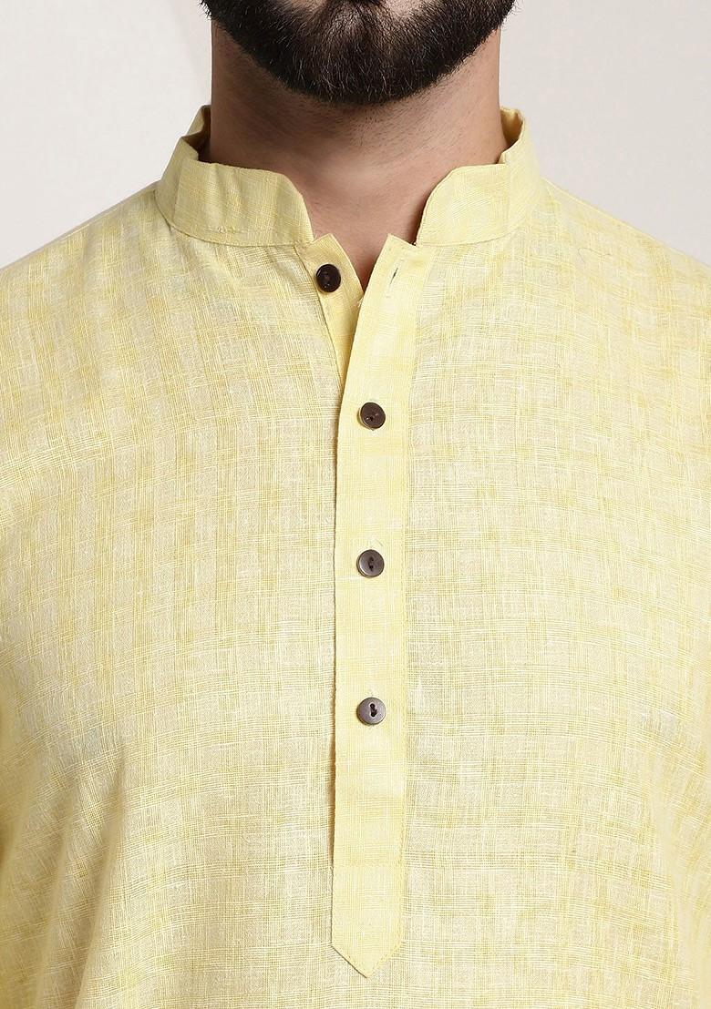 Yellow Checked Poly Blend Kurta For Men