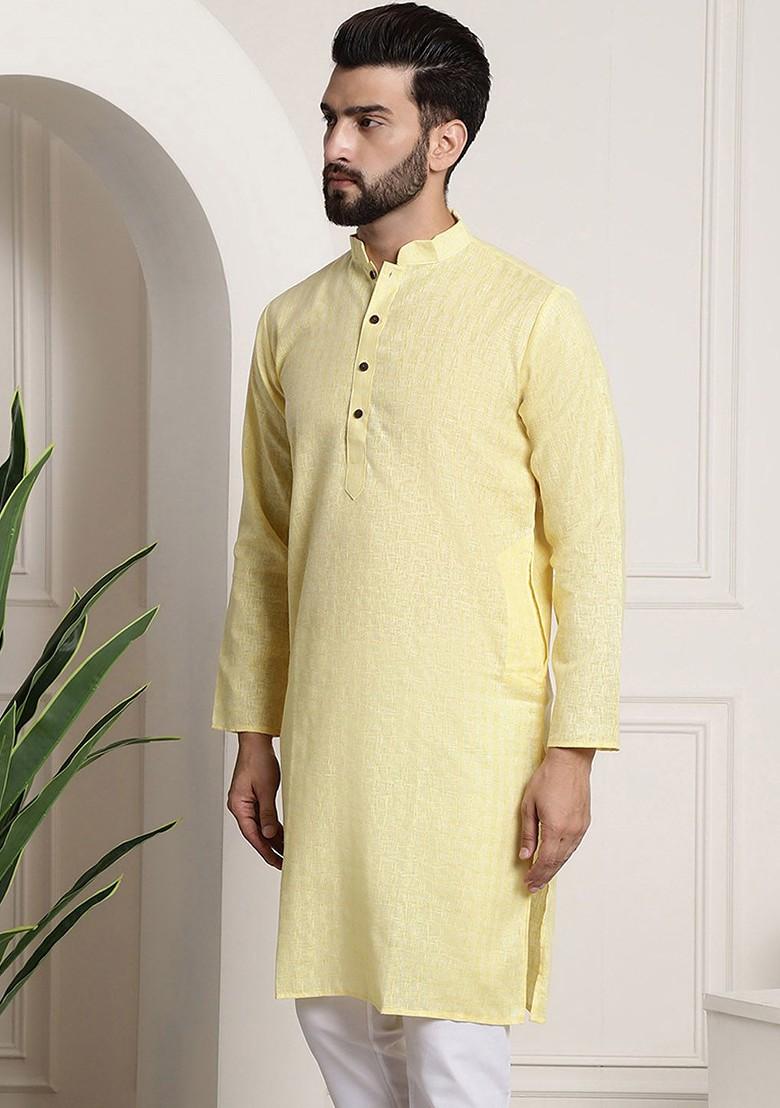Yellow Checked Poly Blend Kurta For Men