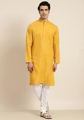 Mustard Solid Poly Blend Kurta For Men