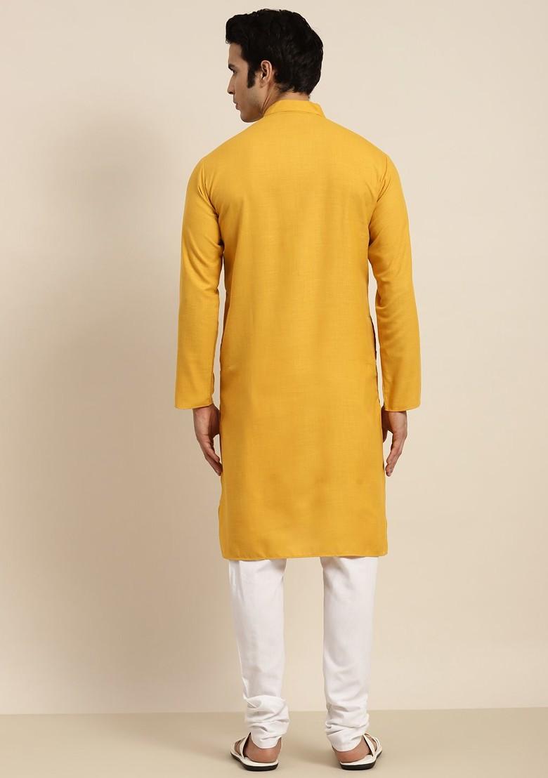 Mustard Solid Poly Blend Kurta For Men