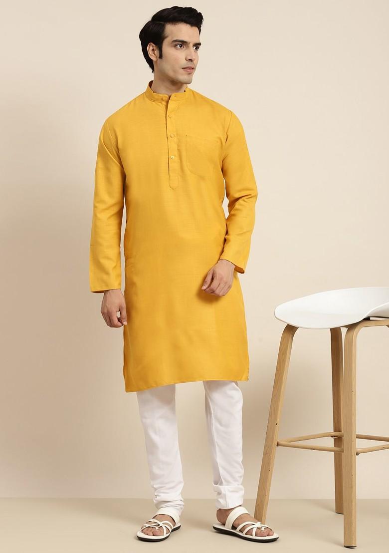 Mustard Solid Poly Blend Kurta For Men