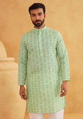 Green Ethnic Motifs Cotton Kurta For Men