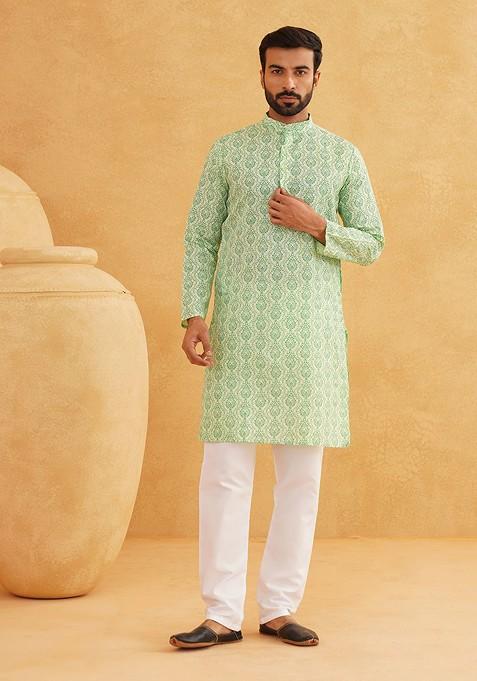 Green Ethnic Motifs Cotton Kurta For Men