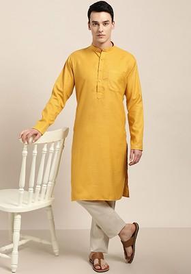 Mustard Solid Cotton Kurta For Men