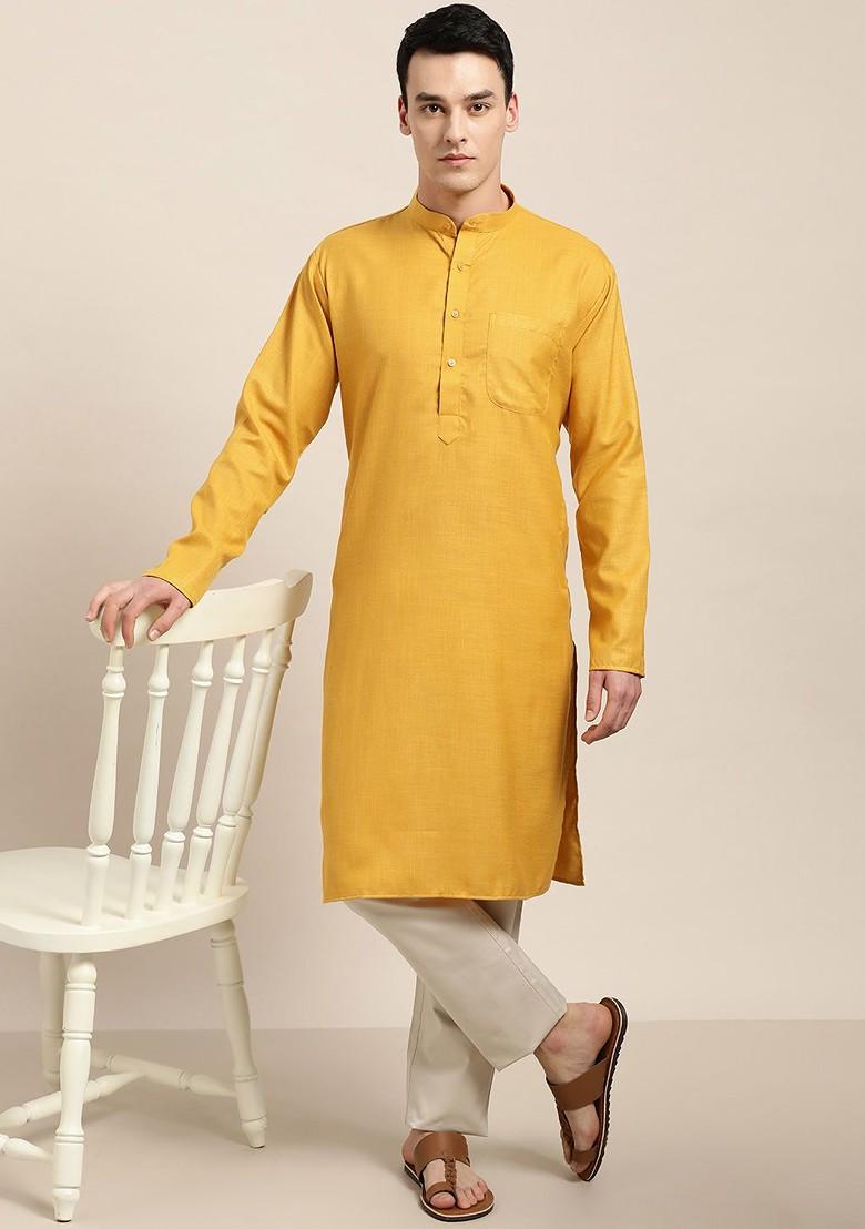 Mustard Solid Cotton Kurta For Men