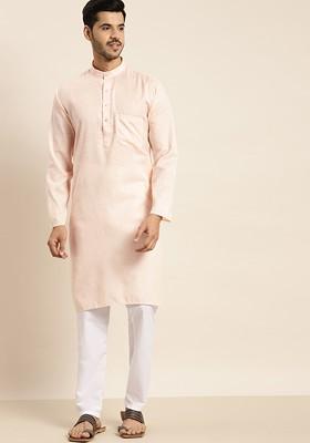 Peach Solid Poly Blend Kurta For Men