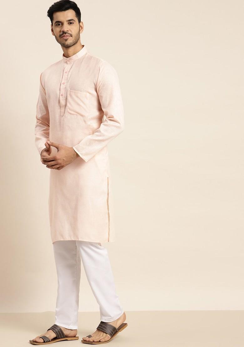 Peach Solid Poly Blend Kurta For Men