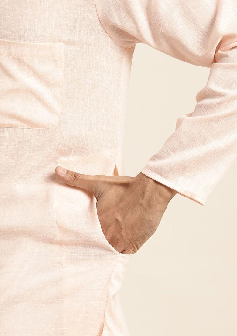 Peach Solid Poly Blend Kurta For Men