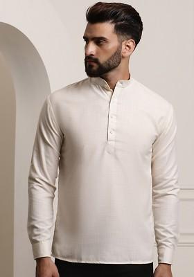 Off White Solid Cotton Kurta For Men