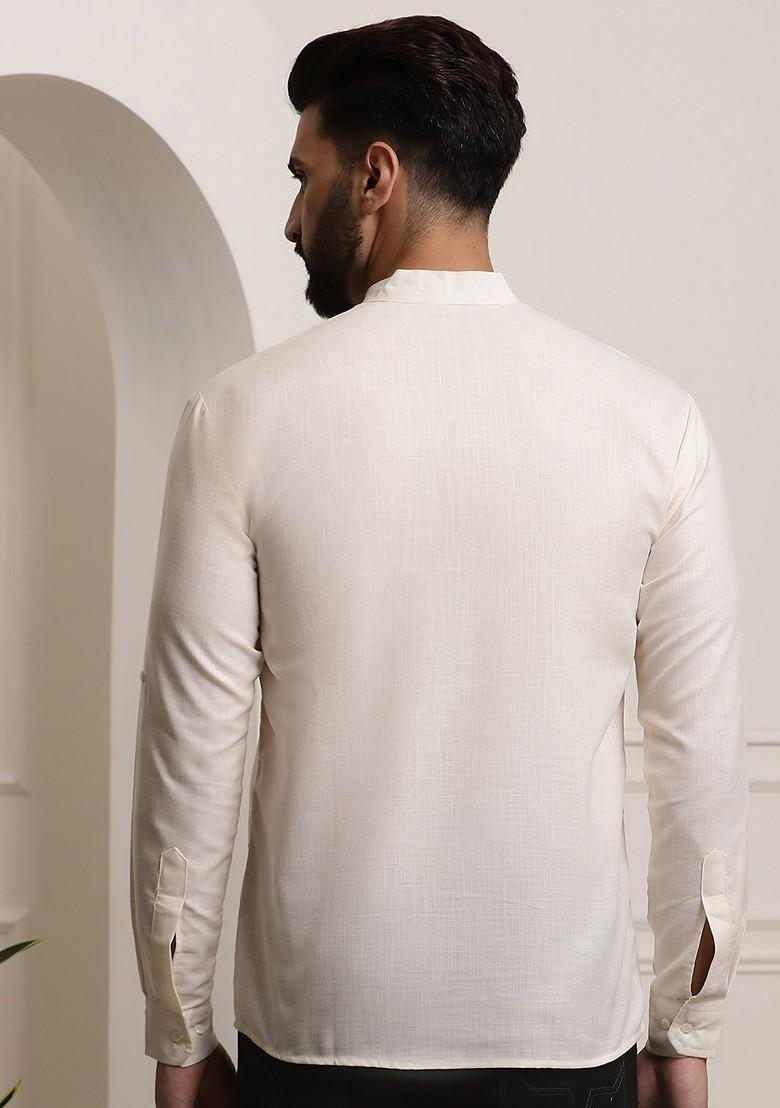 Off White Solid Cotton Kurta For Men