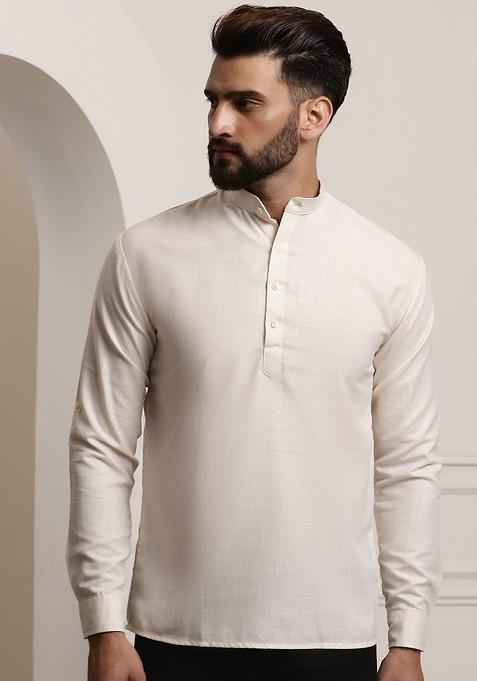 Off White Solid Cotton Kurta For Men — view on Indya
