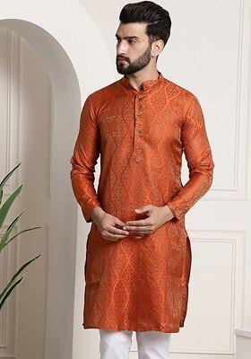 Orange Ethnic Motifs Jacquard Kurta For Men