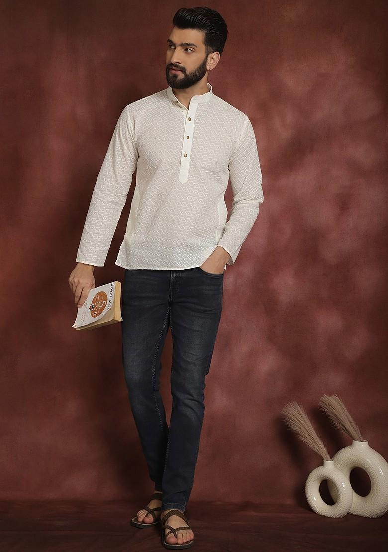 White Thread Work Cotton Kurta For Men