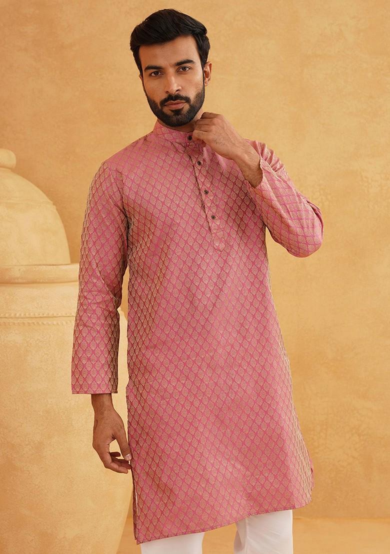 Pink Ethnic Motifs Cotton Kurta For Men