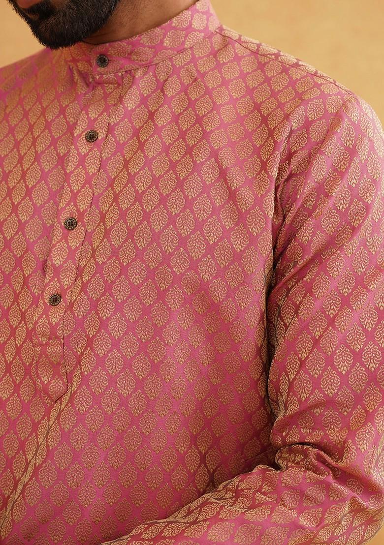 Pink Ethnic Motifs Cotton Kurta For Men