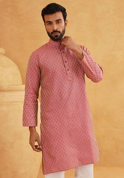 Pink Ethnic Motifs Cotton Kurta For Men