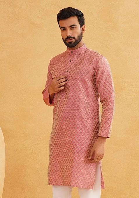Pink Ethnic Motifs Cotton Kurta For Men