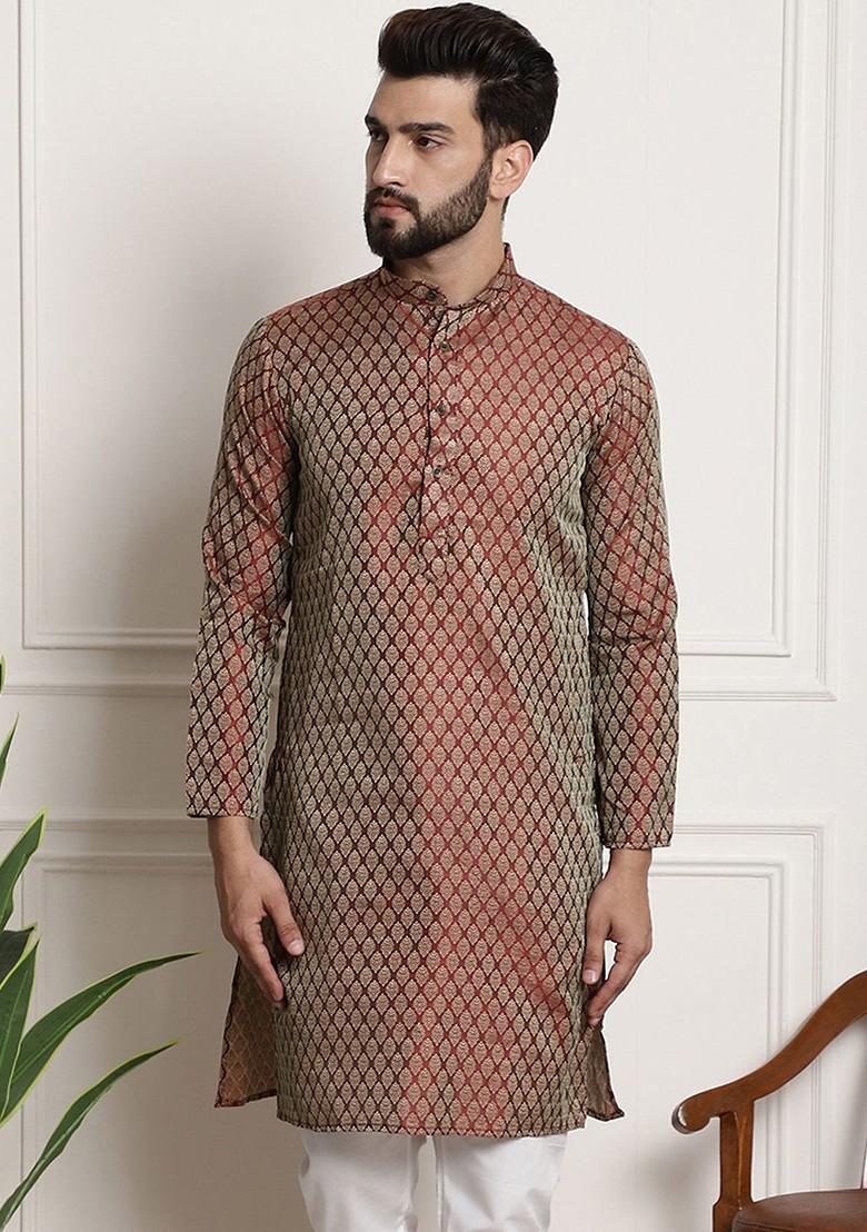 Maroon Ethnic Motifs Silk Kurta For Men