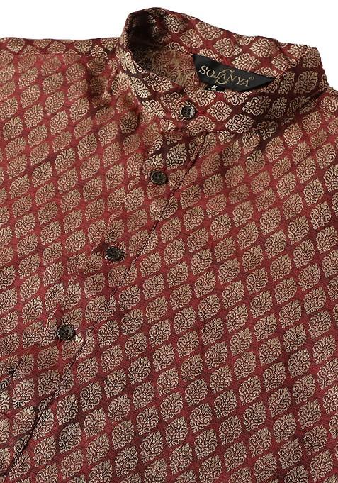 Maroon Ethnic Motifs Silk Kurta For Men