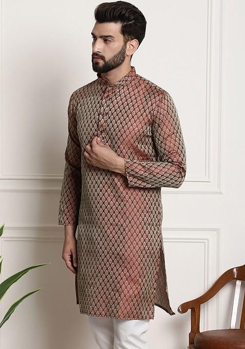 Maroon Ethnic Motifs Silk Kurta For Men