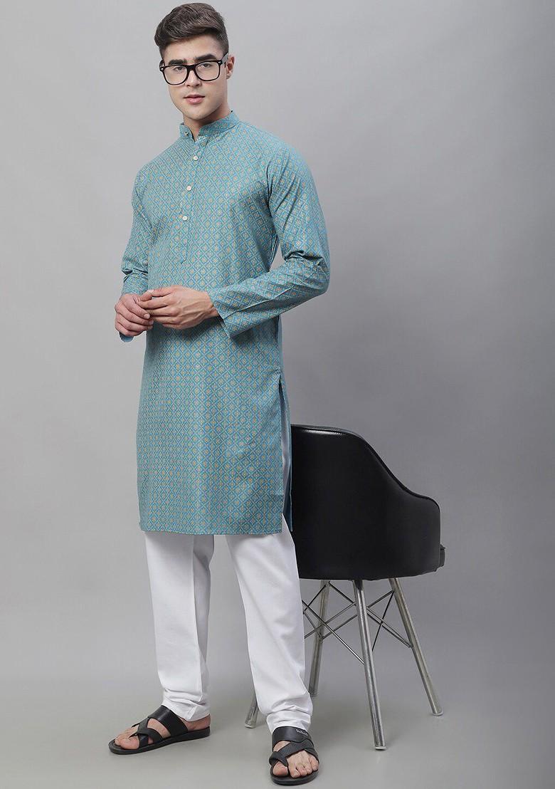 Teal Blue Printed Cotton Kurta For Men