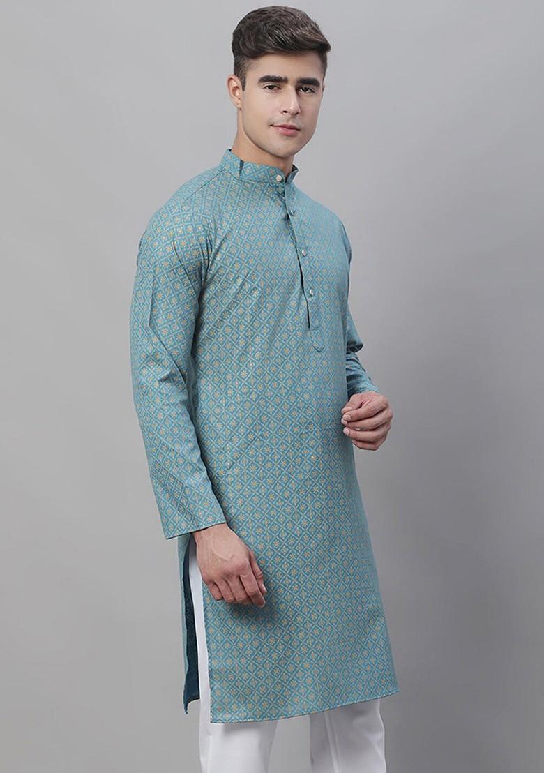 Teal Blue Printed Cotton Kurta For Men