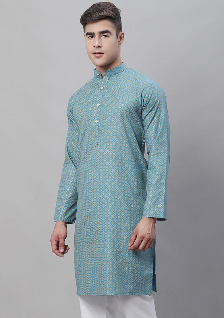Teal Blue Printed Cotton Kurta For Men