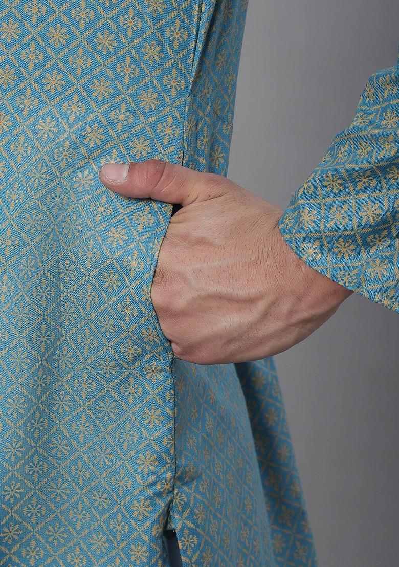 Teal Blue Printed Cotton Kurta For Men